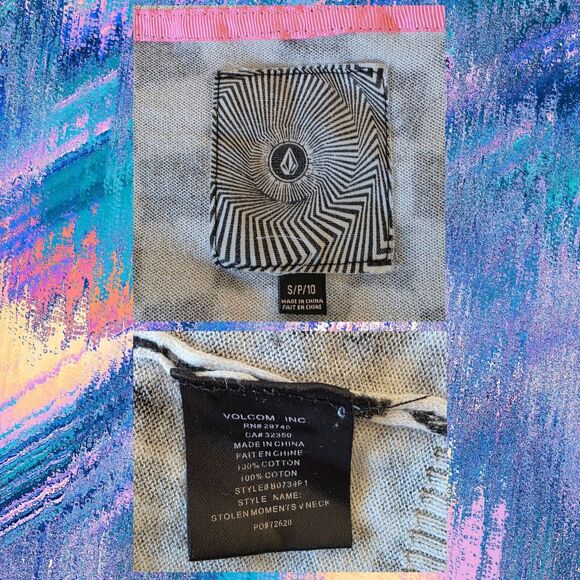 Volcom Sweater Womens Small V Neck Long Sleeve White Black Checkered Leopard - Picture 4 of 5